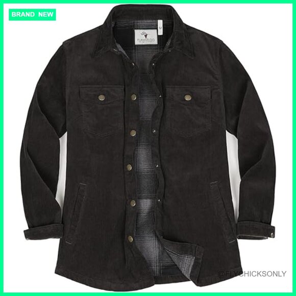 Corduroy Shirt Jacket with Flannel Lining, Snap Button Front Shacket